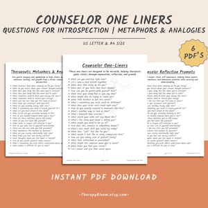 May include: Three printable PDF pages with counselor one-liners, questions for introspection, metaphors, and analogies. The pages are titled "Therapeutic Metaphors & Analogies", "Counselor One-Liners", and "Counselor Reflection Prompts". The text is in black on a white background.