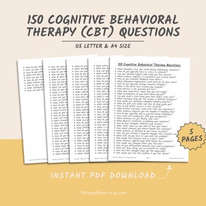 May include: A printable PDF download of 150 Cognitive Behavioral Therapy (CBT) questions. The document is divided into five pages and is available in US Letter and A4 sizes. The text "Instant PDF Download" and the website "TherapyBloom.etsy.com" are included at the bottom of the page.