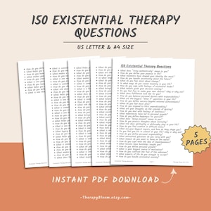 Pode incluir: Um download PDF imprimível de 150 perguntas de terapia existencial. O documento é dividido em cinco páginas e está disponível nos tamanhos US Letter e A4. O texto está em preto e branco sobre um fundo branco.