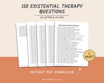 May include: A printable PDF download of 150 existential therapy questions. The document is divided into five pages and is available in US Letter and A4 sizes. The text is in black and white on a white background.