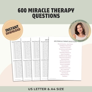 Puede incluir: Un conjunto de tarjetas impresas con el texto "600 Preguntas de terapia milagrosa" en varias categorías. Las tarjetas están etiquetadas con temas como "Esperanza y posibilidad" y "Confianza y autoestima". La imagen también incluye el texto "Descarga instantánea".