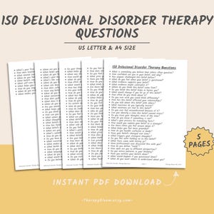 May include: A stack of five printable pages with the text "ISO Delusional Disorder Therapy Questions" in black. The pages are US Letter and A4 size. The words "Instant PDF Download" are also visible. The background is a light beige color.