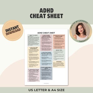 May include: A beige ADHD Cheat Sheet with the text "ADHD Cheat Sheet" and "Instant Download". The sheet includes sections on time management, emotional regulation, and self-care. Created by a licensed therapist.