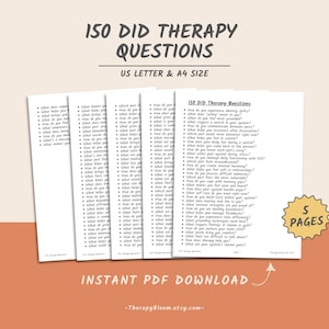 May include: A stack of white paper sheets with the text "ISO DID Therapy Questions" in black. The text "US LETTER & A4 SIZE" is also visible. The image includes the text "INSTANT PDF DOWNLOAD" and "5 PAGES".