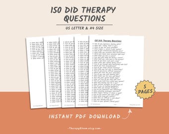Puede incluir: Una pila de hojas de papel blancas con el texto "ISO DID Therapy Questions" en negro. También se ve el texto "US LETTER & A4 SIZE". La imagen incluye el texto "INSTANT PDF DOWNLOAD" y "5 PAGES".