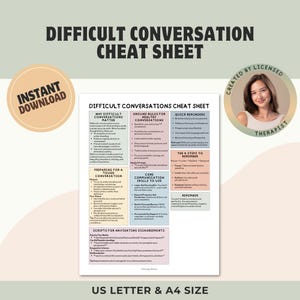 May include: A printable "Difficult Conversation Cheat Sheet" with sections on why difficult conversations matter, ground rules, quick reminders, and core communication skills. Includes "Instant Download" and "US Letter & A4 Size" text.