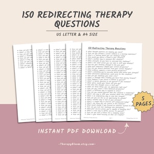 May include: A printable PDF download of 150 redirecting therapy questions for therapists and counselors. The document is 5 pages long and includes the text "150 Redirecting Therapy Questions" and "5 Pages".