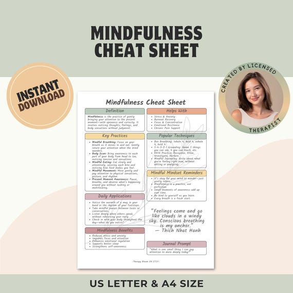 Mindfulness Cheat Sheet: Therapist-Approved Mental Health Guide (Printable PDF)