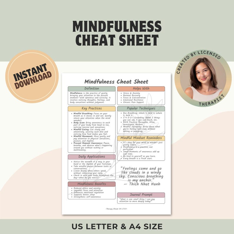Mindfulness Cheat Sheet: Therapist-Approved Mental Health Guide (Printable PDF) image 1