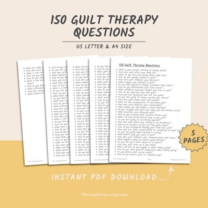 May include: A printable PDF download of 150 guilt therapy questions for self-reflection and journaling. The document is available in US Letter and A4 sizes. The text is in black and white, and the title is "150 Guilt Therapy Questions".