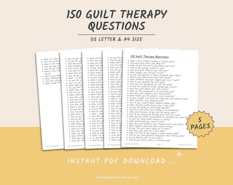 Puede incluir: Una descarga PDF imprimible de 150 preguntas de terapia de culpa para la autorreflexión y el diario. El documento está disponible en los tamaños US Letter y A4. El texto está en blanco y negro, y el título es "150 preguntas de terapia de culpa".