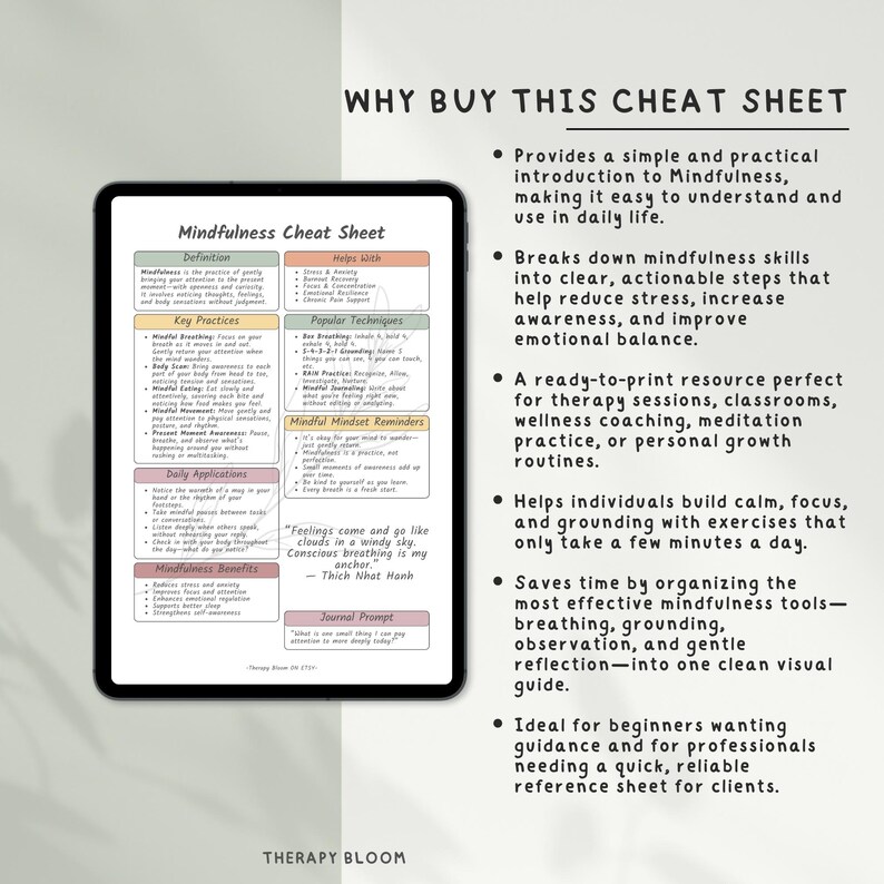 Mindfulness Cheat Sheet: Therapist-Approved Mental Health Guide (Printable PDF) image 2