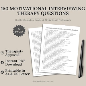 150 Motivational Interviewing Therapy Questions | Printable Counseling Prompts for Reflection & Insight | Digital Download for Therapists