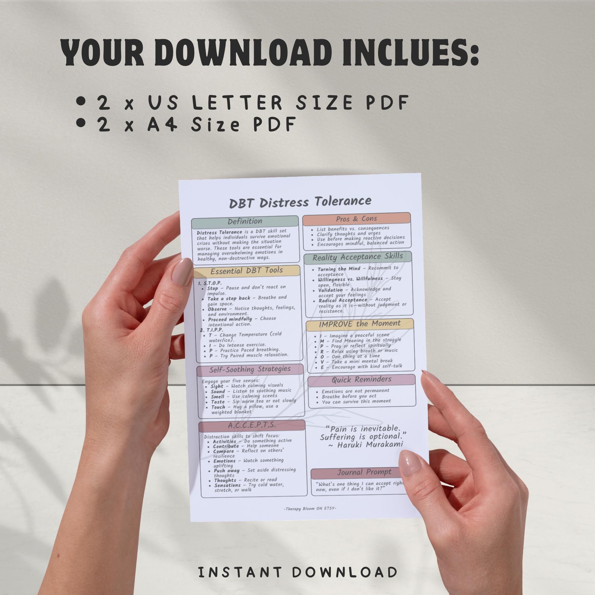 DBT Distress Tolerance Skills Cheat Sheet: Therapy & Coping Skills (PDF ...