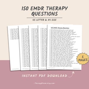 May include: A printable PDF download of 150 EMDR therapy questions for use in therapy sessions. The document is 5 pages long and is available in US Letter and A4 sizes. The text on the document is in black and white.