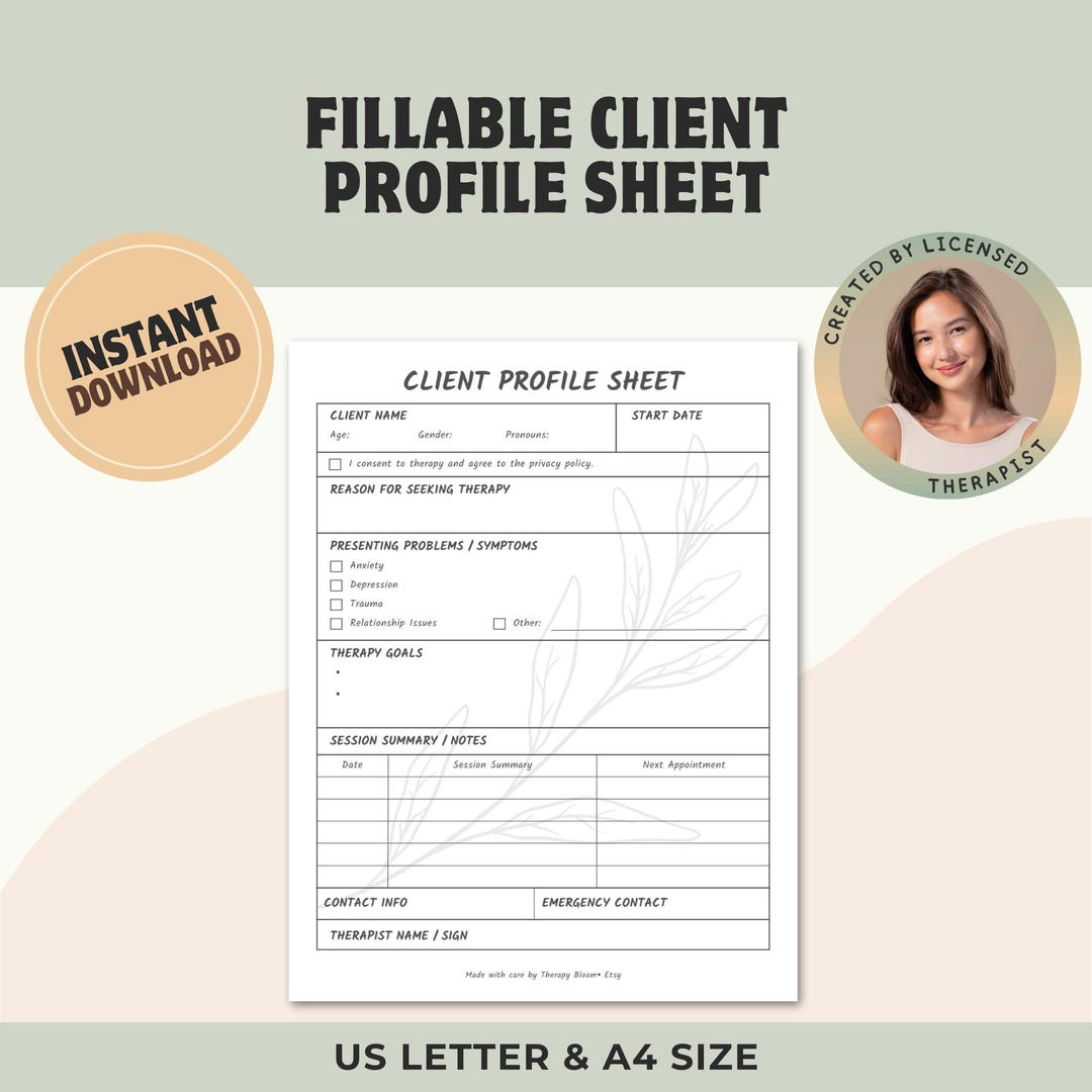 Client Profile Intake Form for Therapists | Editable PDF | Printable ...