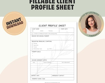 セラピスト向けクライアントプロフィール入力フォーム | 編集可能なPDF | 印刷可能なセラピークライアントシート | デジタルダウンロード