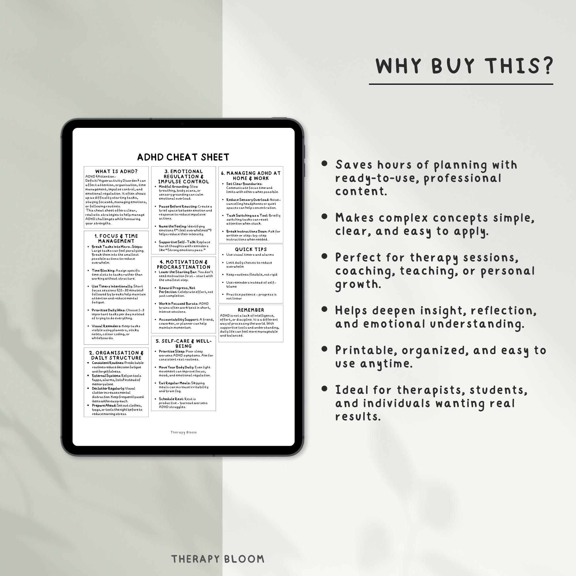 ADHD Cheat Sheet: Executive Function Guide for Adults & Students (PDF ...