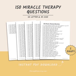 May include: A printable PDF download of 150 Miracle Therapy Questions, designed for self-reflection and personal growth. The document is formatted in a simple, easy-to-read style with a black and white colour scheme. The text includes the phrase "150 Miracle Therapy Questions" and "Instant PDF Download".