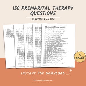 May include: A stack of five white pages with the title "150 Premarital Therapy Questions" in black text. The pages are US Letter and A4 size. The words "Instant PDF Download" are at the bottom, with a website address.