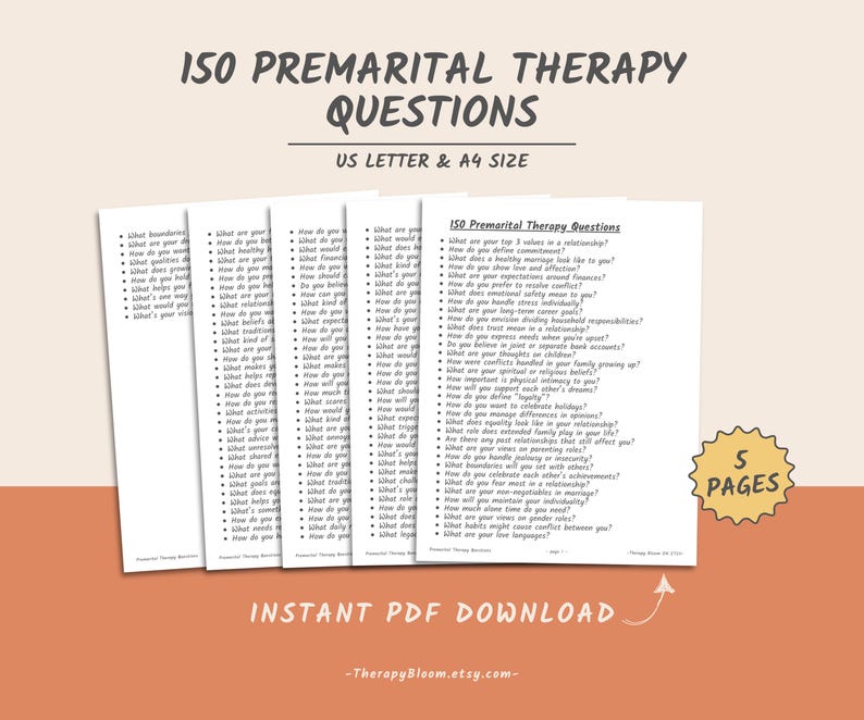 May include: A stack of five white pages with the title "150 Premarital Therapy Questions" in black text. The pages are US Letter and A4 size. The words "Instant PDF Download" are at the bottom, with a website address.