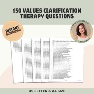 May include: A stack of white paper sheets with the text "150 Values Clarification Therapy Questions" and "Instant Download". The image includes a circular graphic with a woman's photo and the words "Created by Licensed Therapist". The bottom of the image reads "US Letter & A4 Size".