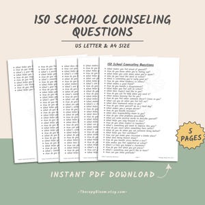 May include: A stack of five white printable pages with the title "150 School Counseling Questions" in black text. The pages include a list of questions. The words "US Letter & A4 Size" are also visible. The words "Instant PDF Download" are at the bottom.