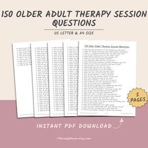 Op de afbeelding: Een downloadbare PDF om te printen met 150 therapie vragen voor oudere volwassenen. Het document is verdeeld over vijf pagina's en is beschikbaar in de formaten US Letter en A4. De tekst "150 Older Adult Therapy Session Questions" is zichtbaar bovenaan de pagina.