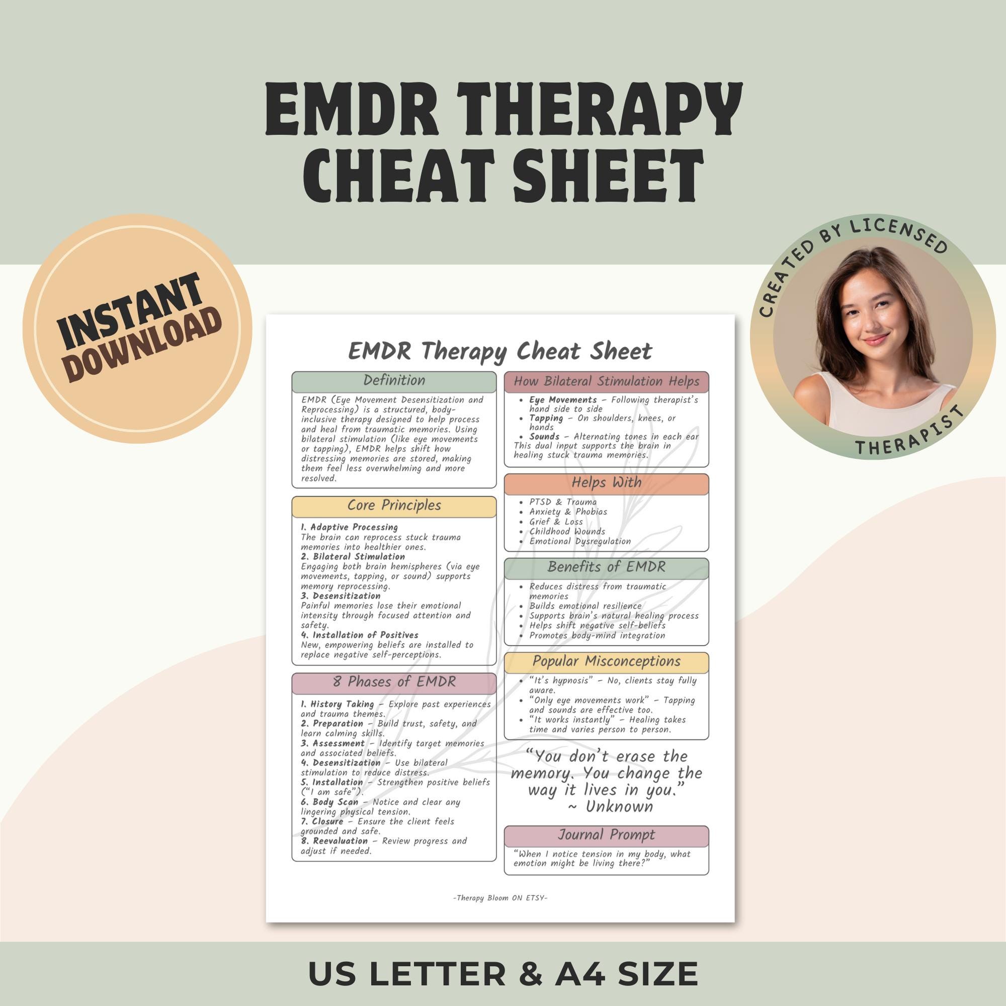 EMDR Therapy Cheat Sheet: Trauma Therapy Reference Guide (printable PDF ...
