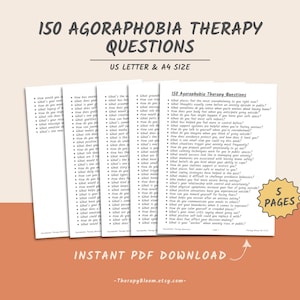 Puede incluir: Una descarga PDF imprimible de 150 preguntas de terapia para la agorafobia. El documento está dividido en cinco páginas y está disponible en los tamaños US Letter y A4. El texto "150 Agoraphobia Therapy Questions" está en la parte superior de la página.