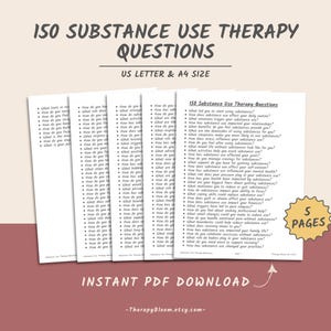 Puede incluir: Una descarga PDF imprimible de 150 preguntas de terapia sobre el uso de sustancias. El documento está dividido en cinco páginas y está disponible en los tamaños US Letter y A4. El texto "150 Substance Use Therapy Questions" está en la parte superior de la página, con el texto "Instant PDF Download" en la parte inferior.
