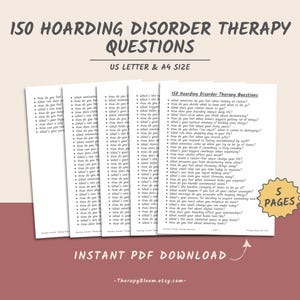 Puede incluir: Un documento PDF imprimible con 150 preguntas de terapia para el trastorno de acumulación. El documento se titula "150 preguntas de terapia para el trastorno de acumulación" y tiene un fondo blanco con texto negro. El documento está dividido en cinco páginas. El documento está disponible para descarga instantánea.