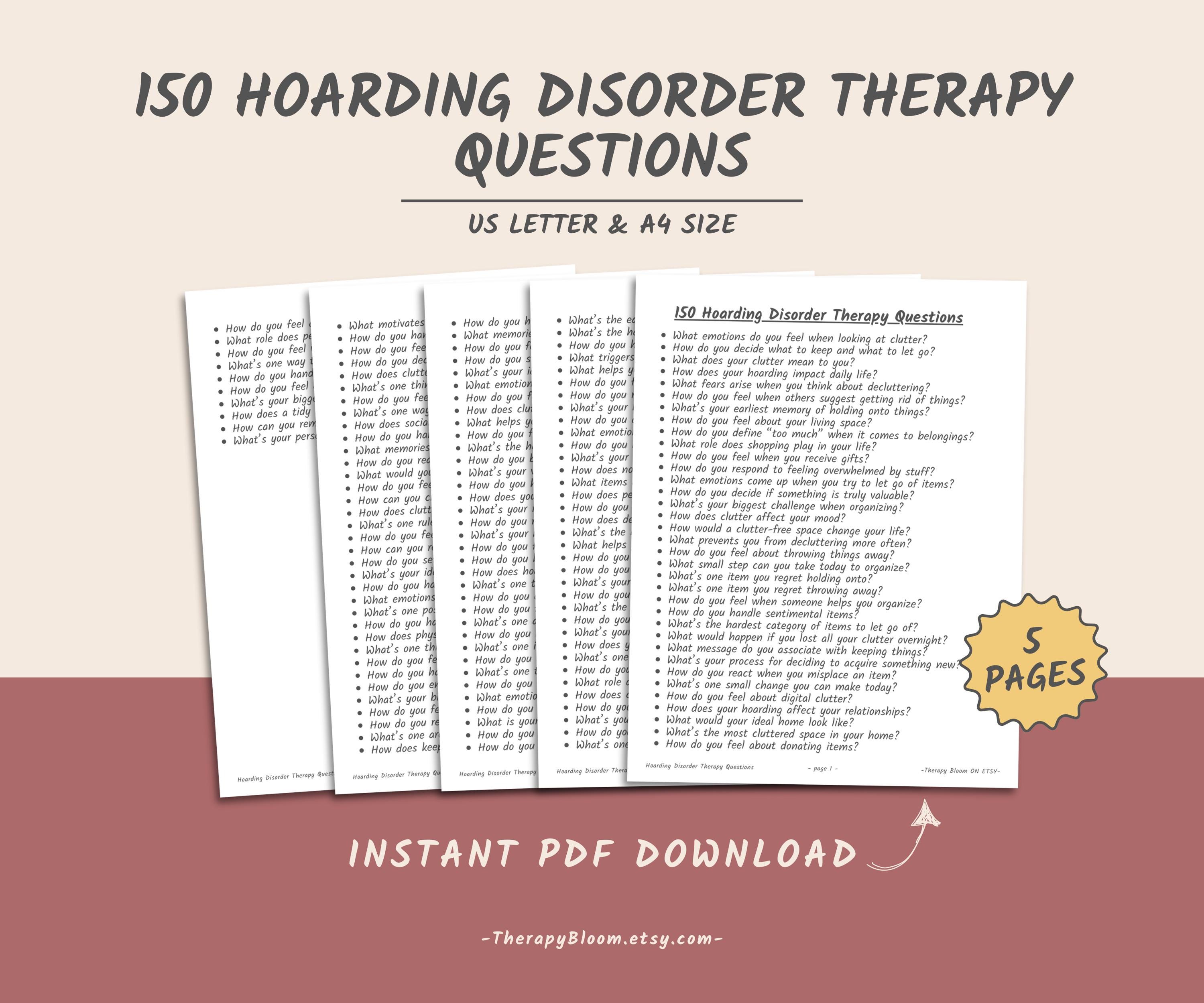 Hoarding Disorder Therapy Questions: Clutter & Attachment (printable ...