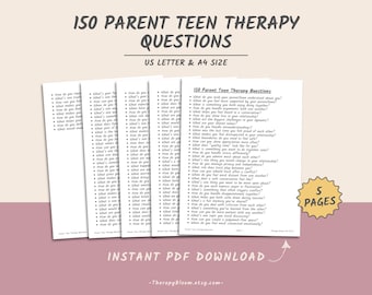 以下が含まれることがあります： 「150 Parent Teen Therapy Questions」の黒い文字が書かれた5枚の白いページ。ページには「US LETTER & A4 SIZE」と「5 PAGES」と書かれています。「INSTANT PDF DOWNLOAD」の文字も表示されています。