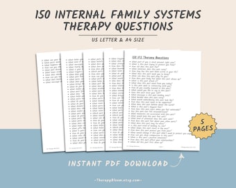 Puede incluir: Una hoja de trabajo PDF imprimible con 150 preguntas de terapia de sistemas familiares internos (IFS). La hoja de trabajo está dividida en cinco páginas y está disponible para descarga instantánea. El texto "150 preguntas de terapia IFS" está en negro sobre fondo blanco.