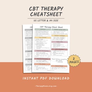 CBT Therapy Cheatsheet, Automatic Thoughts, Core Beliefs, Cognitive Restructuring, Cognitive Distortions, Exposure Techniques, Coping Skills