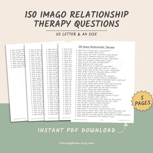 Op de afbeelding: Vijf afdrukbare pagina's met vragen over relatietherapie. De titel "150 Imago Relatietherapie Vragen" staat bovenaan. De pagina's zijn US Letter en A4 formaat, met de woorden "Directe PDF Download" onderaan.