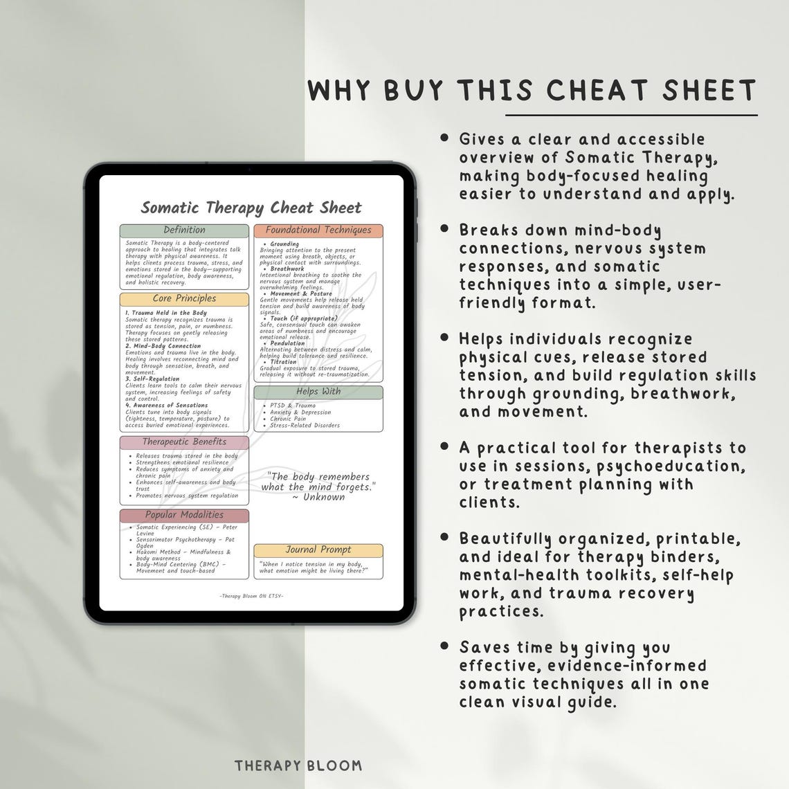Somatic Therapy Cheat Sheet: Trauma-informed Somatic Tools (printable ...