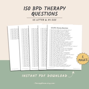 Może przedstawiać: Drukowany dokument PDF zatytułowany "150 BPD Therapy Questions" z podtytułem "US Letter & A4 Size". Dokument zawiera listę pytań dotyczących terapii zaburzeń osobowości typu borderline (BPD). Dokument jest dostępny do natychmiastowego pobrania. Dokument ma 5 stron.