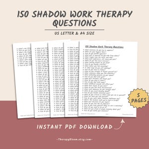 May include: A printable PDF download of 150 shadow work therapy questions. The document is divided into five pages and is available in US Letter and A4 sizes. The text "150 Shadow Work Therapy Questions" is at the top of the page.