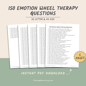 Puede incluir: Una descarga PDF imprimible de 150 preguntas de terapia de la rueda de las emociones. El documento está dividido en cinco páginas y está disponible en los tamaños US Letter y A4. El texto "150 Emotion Wheel Therapy Questions" está en la parte superior de la página, y el texto "Descarga instantánea de PDF" está en la parte inferior de la página.