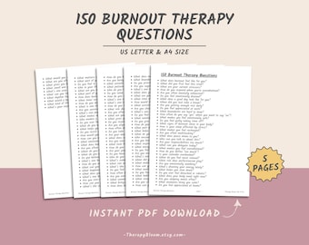 Puede incluir: Una pila de cinco páginas de papel blanco con el título "150 Burnout Therapy Questions" impreso en negro. Las páginas están etiquetadas como "US Letter & A4 Size" y "5 Pages". También se ven las palabras "Instant PDF Download".