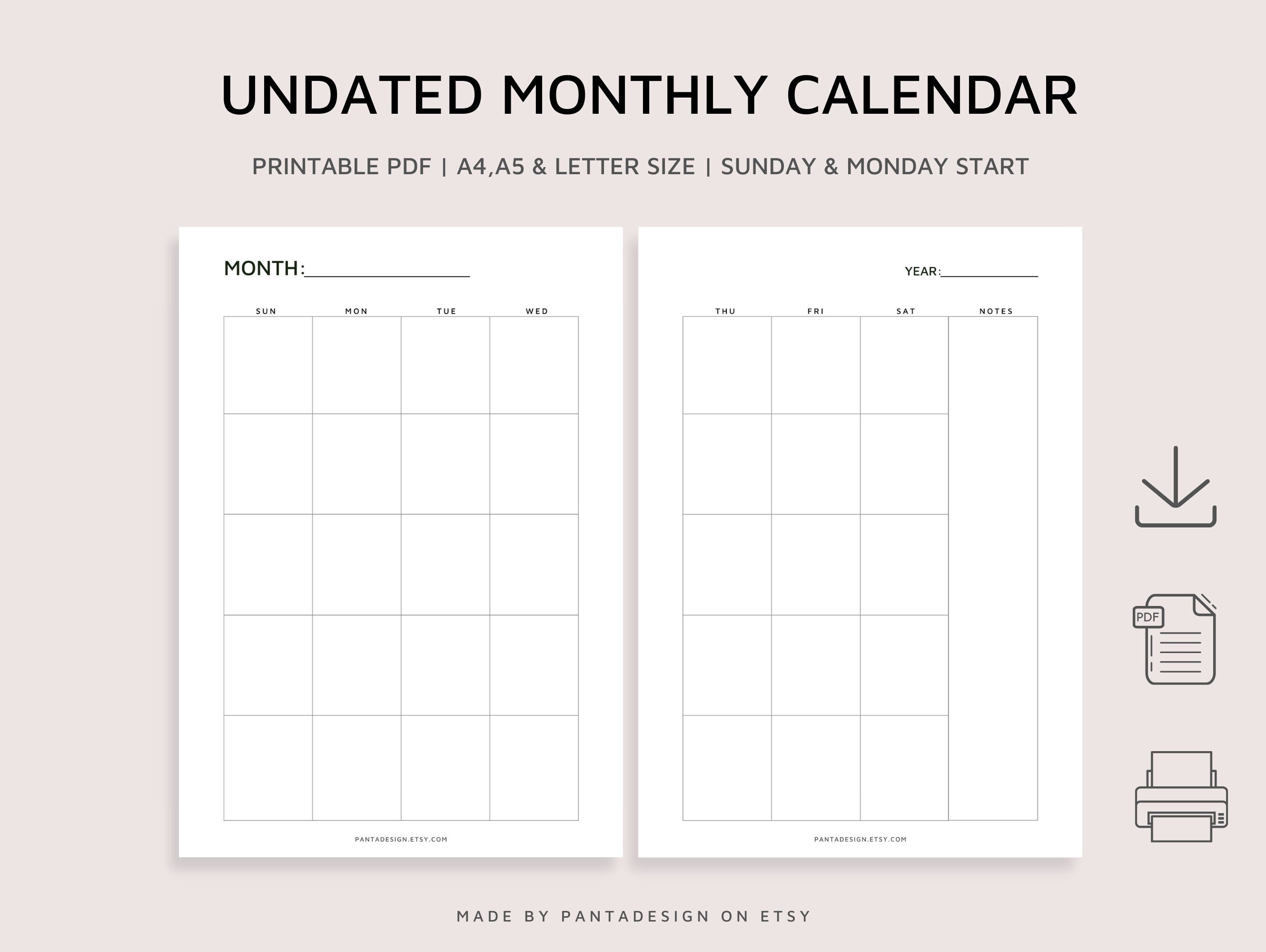 Undated Monthly Calendar, Month on Two Pages, Blank Calendar Page, Printable Monthly Calendar ...