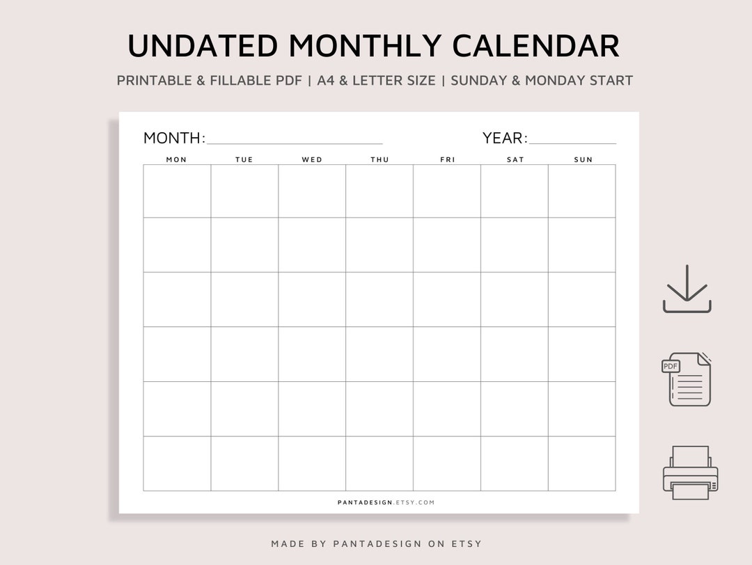 Undated Monthly Calendar, Blank Calendar Page, Printable & Fillable ...