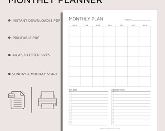 May include: A white monthly planner page with a grid calendar, a section for to-do lists, and a section for priorities. The text includes MONTHLY PLANNER, MONTHLY PLAN, MON, TUE, WED, THU, FRI, SAT, SUN, TO DO, and PRIORITIES. Icons of a PDF file and a printer are shown.