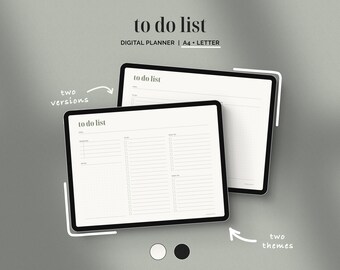 Puede incluir: Dos maquetas de planificador digital con el texto "to do list" en la pantalla. El texto "DIGITAL PLANNER | A4 • LETTER" está encima de las pantallas. La imagen muestra dos versiones y dos temas, con una opción de tema blanco y negro.