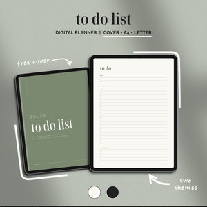 May include: Digital planner on a tablet with the text "to do list". The planner is shown in two themes, with a free cover. The cover is olive green with the words "to do list".