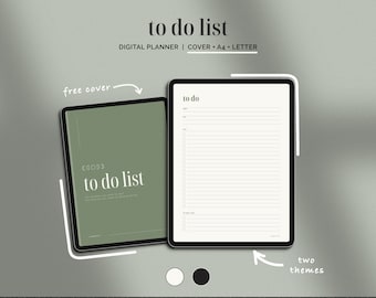 Könnte beinhalten: Digitaler To-Do-Listen-Planer auf einem Tablet. Das Bild zeigt zwei Themen und eine kostenlose Hülle. Die Hülle ist olivgrün mit den Worten „to do list“. Der Planer ist für A4- und Letter-Größen.