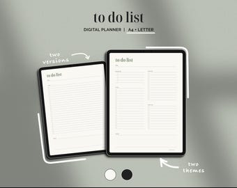Puede incluir: Dos tabletas de planificador digital que muestran un diseño de "lista de tareas". Las tabletas son negras con pantallas blancas, mostrando dos versiones y dos temas. El texto "to do list" y "DIGITAL PLANNER | A4 • LETTER" son visibles.