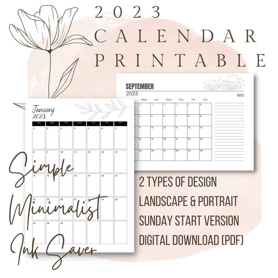 2023-printable-calendar-monthly-calendar-minimalist-clean-simple-black-white-pdf-format-a3-a4-us-letter-types-etsy